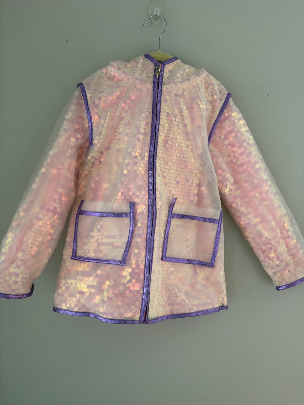 Lola + The Boys Iridescent Pink Sequin Hooded Raincoat with Purple Trim